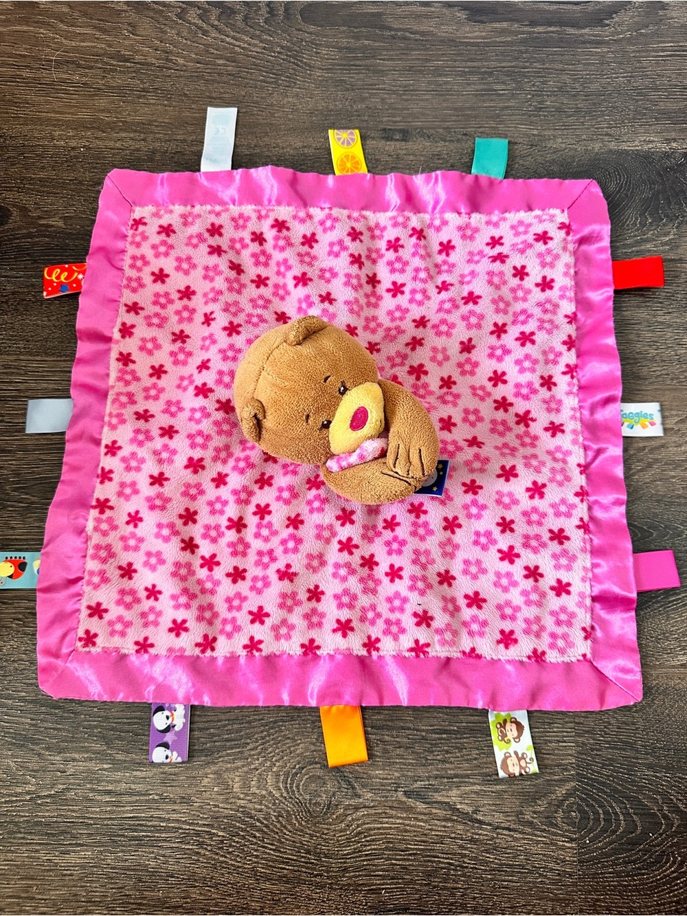 TAGGIES Pink Bear Flower Print Security Blanket Lovey Satin Baby Girl